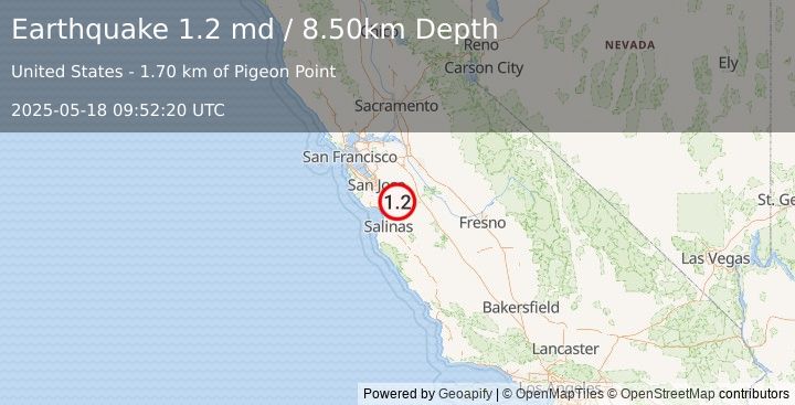 Earthquake 10 km ENE of Gilroy, CA (1.2 md) (2025-05-18 09:52:20 UTC)