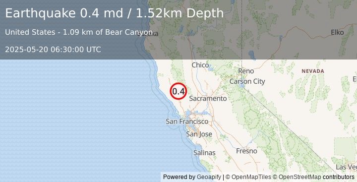 Earthquake 7 km WNW of Cobb, CA (0.4 md) (2025-05-20 06:30:00 UTC)