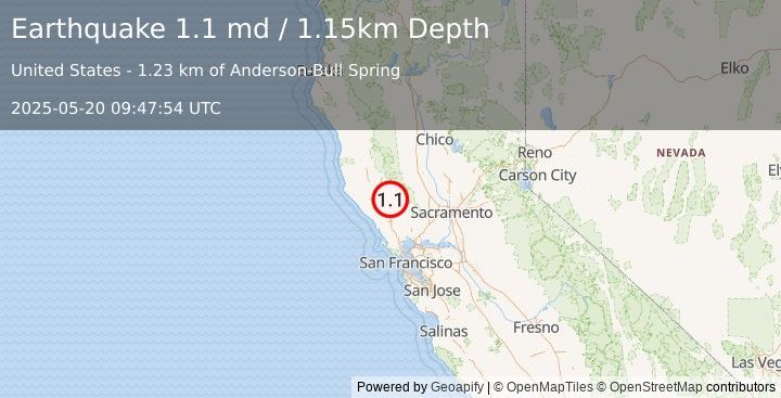 Earthquake 2 km ENE of The Geysers, CA (1.1 md) (2025-05-20 09:47:54 UTC)