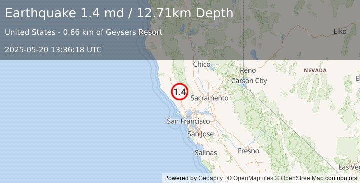 Earthquake 4 km NW of The Geysers, CA (1.4 md) (2025-05-20 13:36:18 UTC)