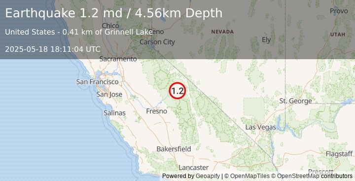 Earthquake 19 km WSW of Toms Place, CA (1.2 md) (2025-05-18 18:11:04 UTC)