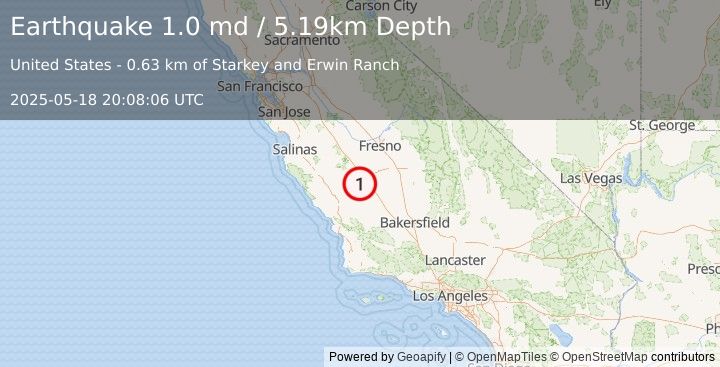 Earthquake 11 km NW of Avenal, CA (1.0 md) (2025-05-18 20:08:06 UTC)