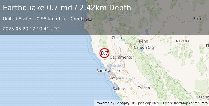 Earthquake 4 km WNW of Cobb, CA (0.7 md) (2025-05-20 17:10:41 UTC)