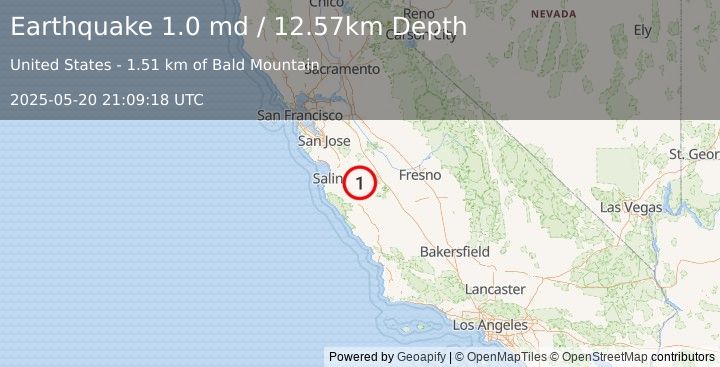 Earthquake 6 km NE of Pinnacles, CA (1.0 md) (2025-05-20 21:09:18 UTC)