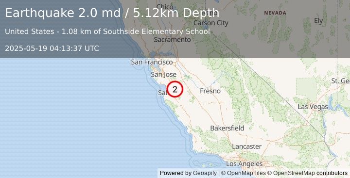 Earthquake 2 km SW of Ridgemark, CA (2.0 md) (2025-05-19 04:13:37 UTC)