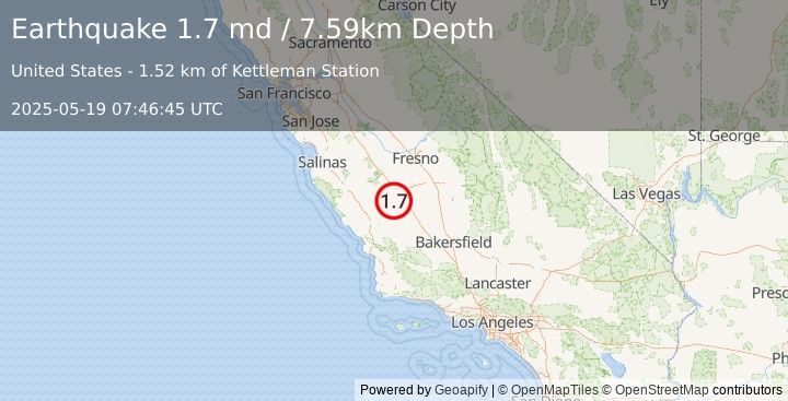 Earthquake 9 km NW of Avenal, CA (1.7 md) (2025-05-19 07:46:45 UTC)