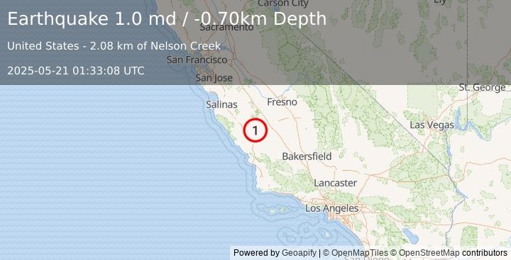 Earthquake 22 km NW of Parkfield, CA (1.0 md) (2025-05-21 01:33:08 UTC)