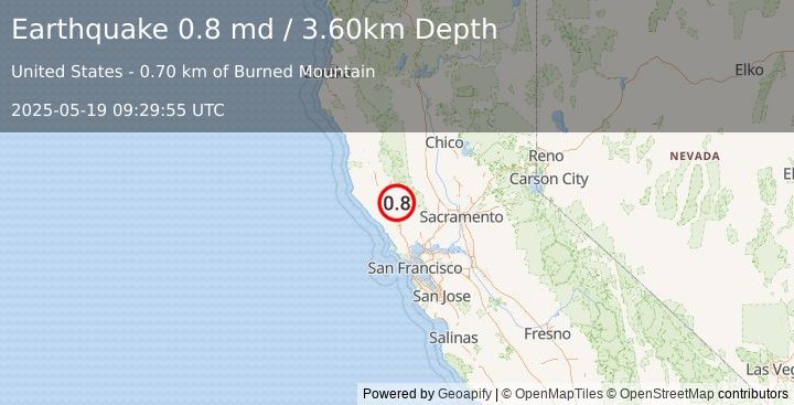Earthquake 3 km NW of The Geysers, CA (0.8 md) (2025-05-19 09:29:55 UTC)