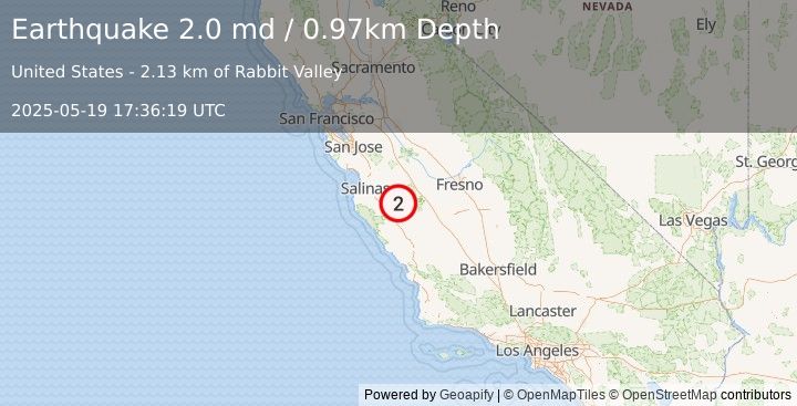 Earthquake 17 km SE of Pinnacles, CA (2.0 md) (2025-05-19 17:36:19 UTC)