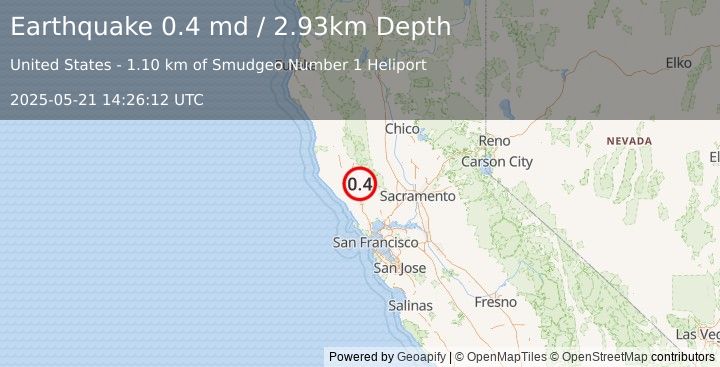 Earthquake 1 km NNW of The Geysers, CA (0.4 md) (2025-05-21 14:26:12 UTC)