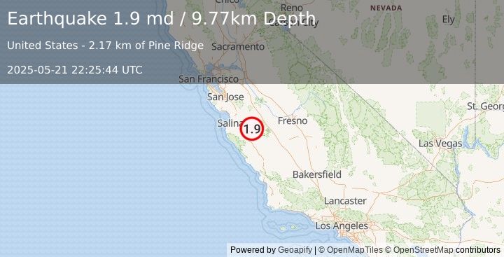 Earthquake 8 km E of Pinnacles, CA (1.9 md) (2025-05-21 22:25:44 UTC)