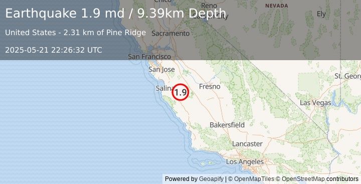 Earthquake 7 km E of Pinnacles, CA (1.9 md) (2025-05-21 22:26:32 UTC)