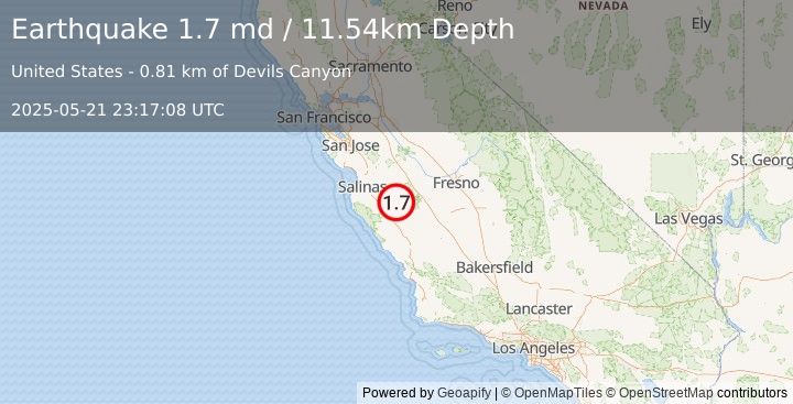 Earthquake 19 km SE of Pinnacles, CA (1.7 md) (2025-05-21 23:17:08 UTC)