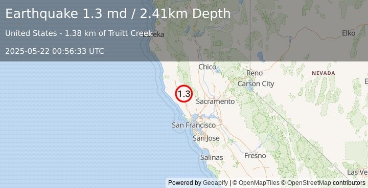 Earthquake 9 km NW of The Geysers, CA (1.3 md) (2025-05-22 00:56:33 UTC)