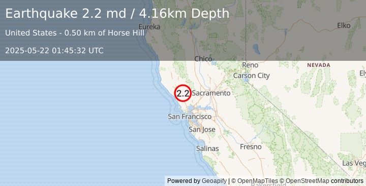 Earthquake 7 km NE of Larkfield-Wikiup, CA (2.2 md) (2025-05-22 01:45:32 UTC)
