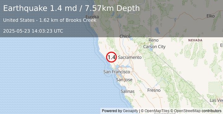 Earthquake 5 km NNE of Windsor, CA (1.4 md) (2025-05-23 14:03:23 UTC)