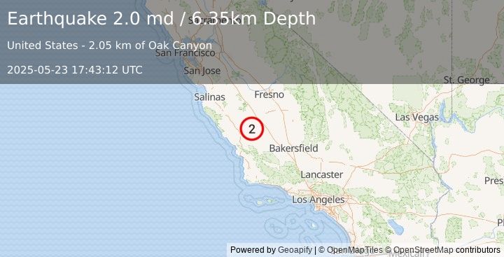 Earthquake 10 km ESE of Parkfield, CA (2.0 md) (2025-05-23 17:43:12 UTC)