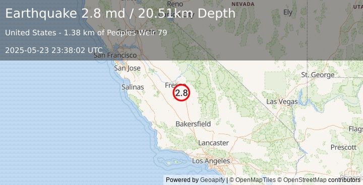 Earthquake 5 km NW of Traver, CA (2.8 md) (2025-05-23 23:38:02 UTC)