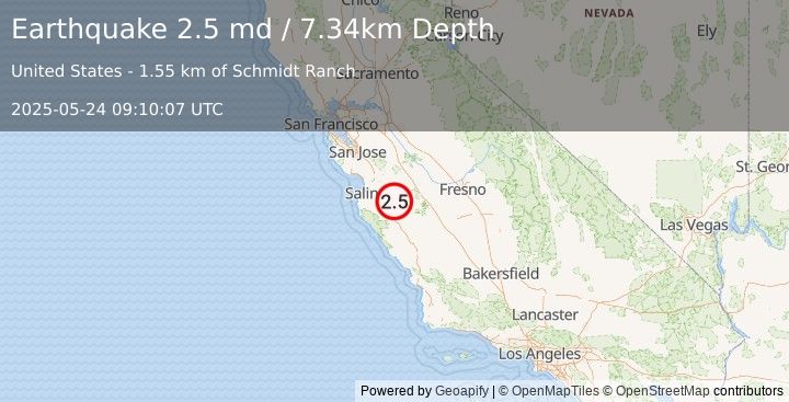 Earthquake 2 km NNW of Pinnacles, CA (2.5 md) (2025-05-24 09:10:07 UTC)