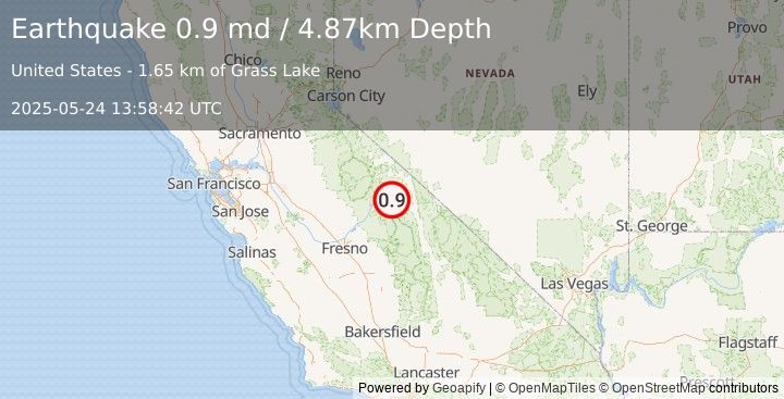 Earthquake 14 km W of Toms Place, CA (0.9 md) (2025-05-24 13:58:42 UTC)