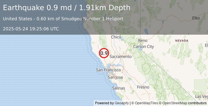 Earthquake 1 km NNW of The Geysers, CA (0.9 md) (2025-05-24 19:25:06 UTC)