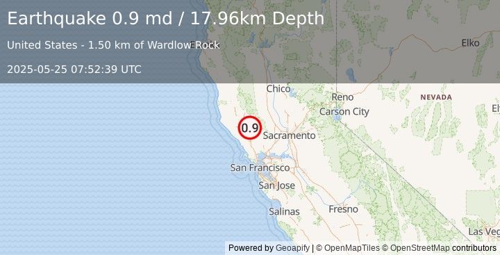 Earthquake 2 km SE of The Geysers, CA (0.9 md) (2025-05-25 07:52:39 UTC)