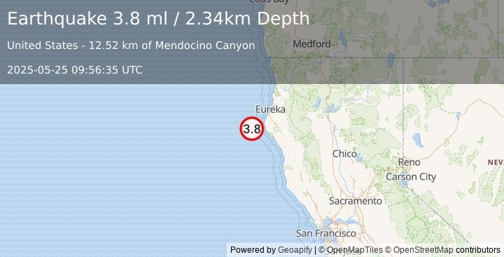 Earthquake 39 km WNW of Petrolia, CA (3.8 ml) (2025-05-25 09:56:35 UTC)