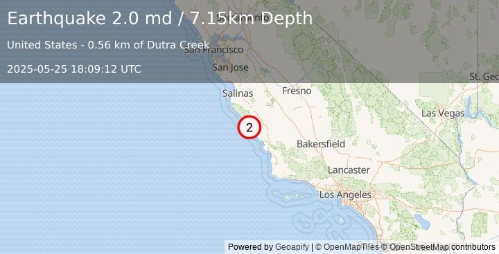 Earthquake 20 km NNW of San Simeon, CA (2.0 md) (2025-05-25 18:09:12 UTC)