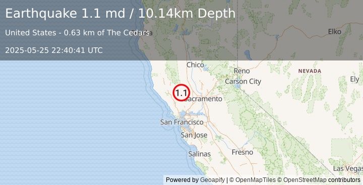 Earthquake 11 km ESE of Hidden Valley Lake, CA (1.1 md) (2025-05-25 22:40:41 UTC)