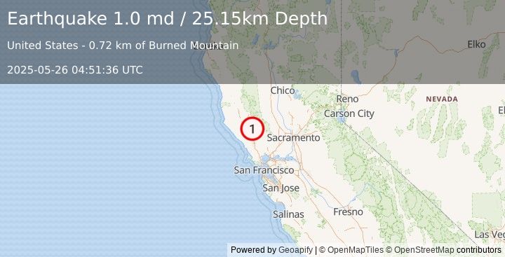 Earthquake 3 km NW of The Geysers, CA (1.0 md) (2025-05-26 04:51:36 UTC)