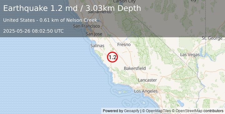 Earthquake 20 km NW of Parkfield, CA (1.2 md) (2025-05-26 08:02:50 UTC)