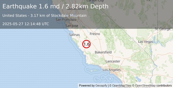 Earthquake 14 km NW of Parkfield, CA (1.6 md) (2025-05-27 12:14:48 UTC)