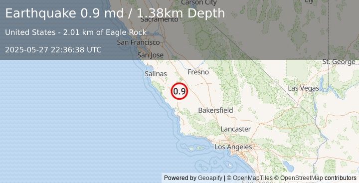 Earthquake 22 km NW of Parkfield, CA (0.9 md) (2025-05-27 22:36:38 UTC)