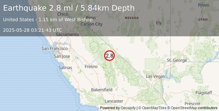 Earthquake 1 km N of West Bishop, CA (2.8 ml) (2025-05-28 03:21:43 UTC)