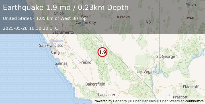 Earthquake 1 km NNW of West Bishop, CA (1.9 md) (2025-05-28 10:30:20 UTC)