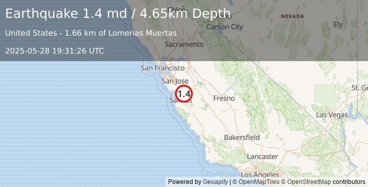 Earthquake 6 km NE of San Juan Bautista, CA (1.4 md) (2025-05-28 19:31:26 UTC)