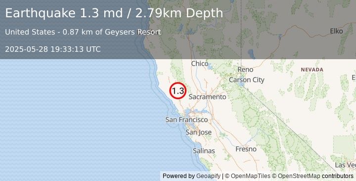 Earthquake 5 km WNW of The Geysers, CA (1.3 md) (2025-05-28 19:33:13 UTC)