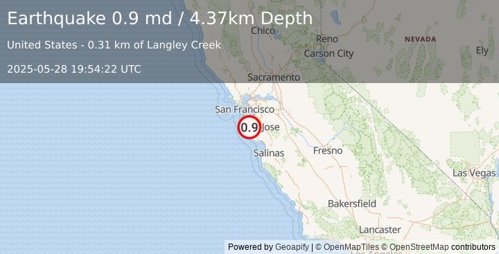 Earthquake 7 km SW of Portola Valley, CA (0.9 md) (2025-05-28 19:54:22 UTC)