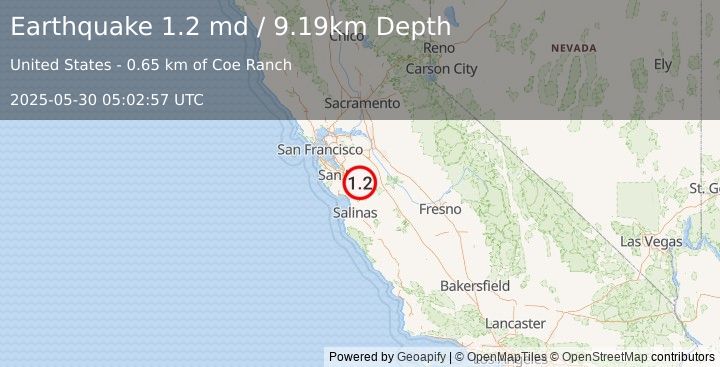 Earthquake 11 km ENE of Morgan Hill, CA (1.2 md) (2025-05-30 05:02:57 UTC)