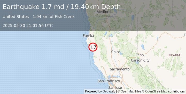 Earthquake 10 km SSE of Redway, CA (1.7 md) (2025-05-30 21:01:56 UTC)