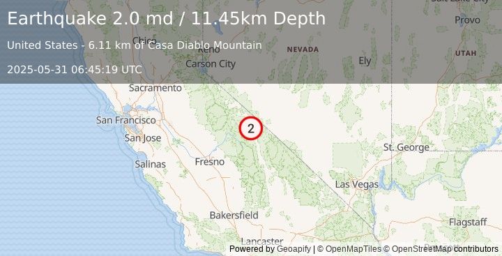 Earthquake 18 km E of Toms Place, CA (2.0 md) (2025-05-31 06:45:19 UTC)