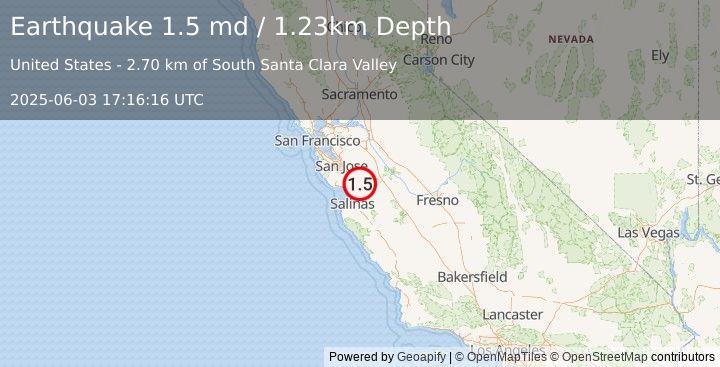 Earthquake 8 km E of Gilroy, CA (1.5 md) (2025-06-03 17:16:16 UTC)