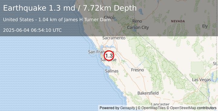 Earthquake 6 km SSE of Sunol, CA (1.3 md) (2025-06-04 06:54:10 UTC)