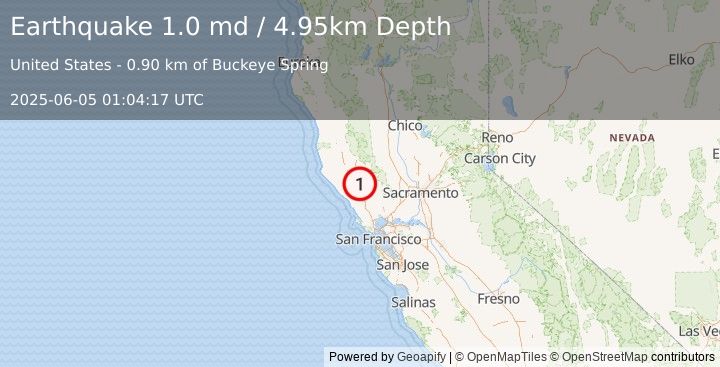 Earthquake 8 km WSW of The Geysers, CA (1.0 md) (2025-06-05 01:04:17 UTC)