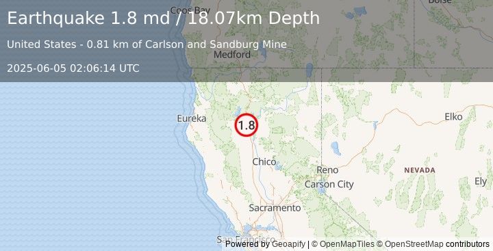 Earthquake 5 km NNW of Redding, CA (1.8 md) (2025-06-05 02:06:14 UTC)