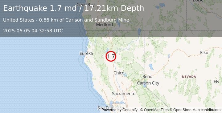 Earthquake 5 km NNW of Redding, CA (1.7 md) (2025-06-05 04:32:58 UTC)