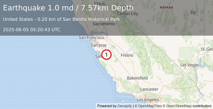 Earthquake 2 km SSE of Tres Pinos, CA (1.0 md) (2025-06-05 05:20:43 UTC)