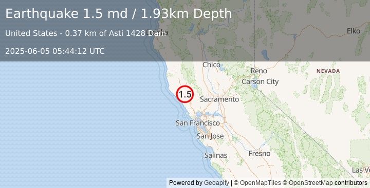 Earthquake 8 km SSE of Cloverdale, CA (1.5 md) (2025-06-05 05:44:12 UTC)