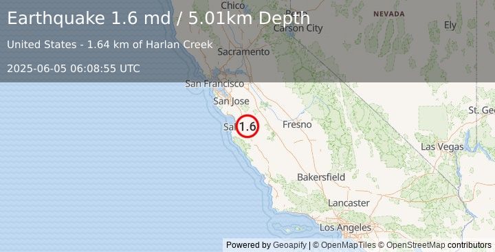 Earthquake 12 km SSW of Tres Pinos, CA (1.6 md) (2025-06-05 06:08:55 UTC)