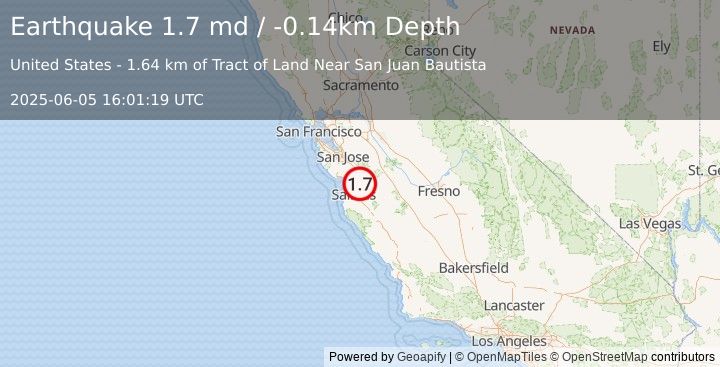 Earthquake 3 km NE of San Juan Bautista, CA (1.7 md) (2025-06-05 16:01:19 UTC)